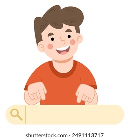 Boy pointing to web search cartoon illustration