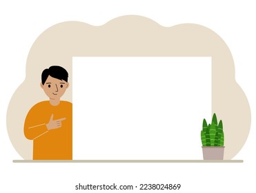 A boy points his finger at a clean large banner, a blank poster or a large white sheet of paper with space for text. Vector flat illustration.