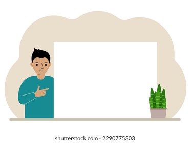 A boy points his finger at a clean large banner, a blank poster or a large white sheet of paper with space for text. Vector flat illustration.