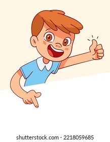 Boy points his finger at the empty poster. Template for children design. Colorful cartoon characters. Funny vector illustration. Comic style. Isolated on white background