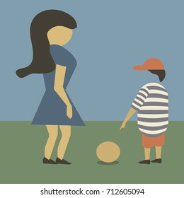 A boy points out to his mother that his face has apparently fallen to the ground in a humorous surreal cartoon illustration.