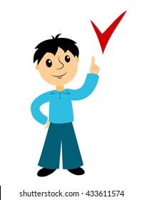 The boy points to a sign. Clip art for buseness. Isolated on white. Vector.
