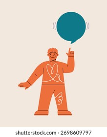 Boy apunta a la burbuja del discurso. Ilustración vectorial colorida
