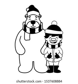 boy and polar bear with hat and scarf in white background vector illustration design