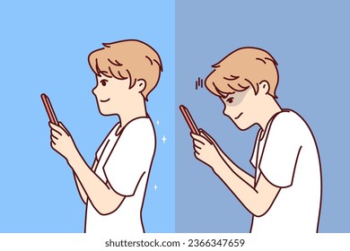 Boy with poor posture plays on phone and needs to straighten spine, before and after going to osteopath. Child with cellphone hunched over and spoiled posture due to excessive fascination with gadgets