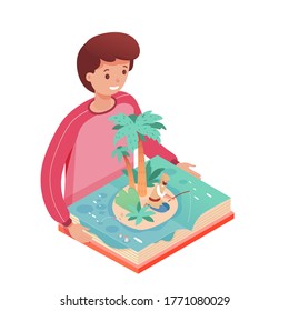 Boy with pop up book. Smiling cute kid reads story about fisherman living on island, fishing. Educational textbook with three-dimensional pages develops imagination. Vector character illustration