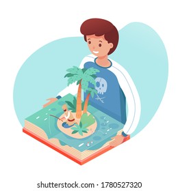 Boy with pop up book. Smiling cute kid reads story about fisherman living on island, fishing. Educational textbook with three-dimensional pages develops imagination. Vector character illustration