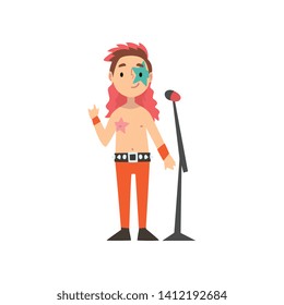 Boy Pop Singer Character with Microphone, Kid Dreaming of Future Profession Vector Illustration