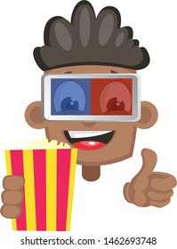 Boy with popcorn and 3d glasses, illustration, vector on white background.