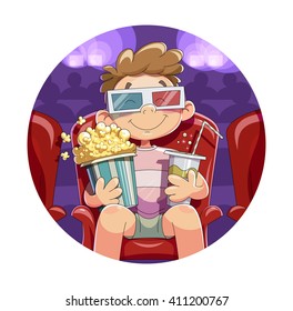 Niño con palomitas de maíz y bebida en la ilustración de los vectores de cine. Fondo blanco aislado. Cine masculino. Gafas 3D. Cinematografía de bebidas. ilustración