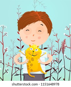 Boy Portrait with Hamster. A guy and a guinea pig lovely pet. Vector illustration.