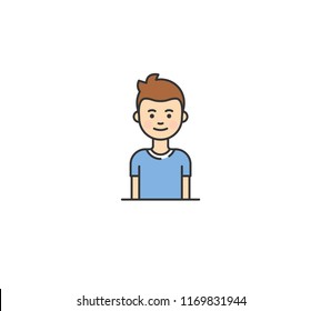 Boy portrait, on white background for text. Kid with short hair. Simple Male avatar. Pixel Perfect. Vector Illustration.