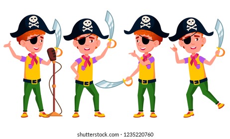 Boy Poses Set Vector. Public Performance. Pirate, Saber, Skull. For Advertisement, Greeting, Announcement Design. Isolated Cartoon Illustration
