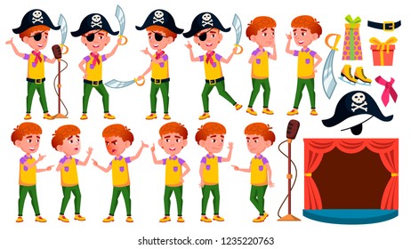 Boy Poses Set Vector. Public Performance. Pirate, Saber, Skull. For Presentation, Invitation, Card Design. Isolated Cartoon Illustration

