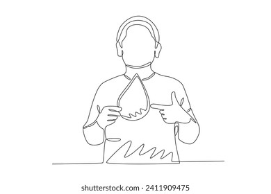 A boy poses while holding water. world water day one-line drawing