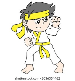 boy is posing doing martial arts training, vector illustration art. doodle icon image kawaii.