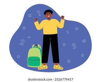 Boy posing with enthusiasm and bag next to his feet, back to school vector illustration.