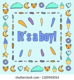 It's a boy postcard with cute frame of cloud, cat, ice cream