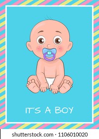 Its a boy poster dedicated to baby shower day vector illustration of newborn infant with pacifier isolated on blue background, male toddler banner