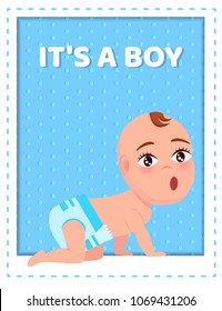 Its a boy poster with toddler infant in diaper crawls on all fours with wide open mouth vector illustration with little child isolated on blue background