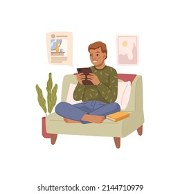 Boy posting posts in social media, communication and social network in web. Vector flat cartoon character, preteen kid with portable tablet gadget playing and looking at images of followers