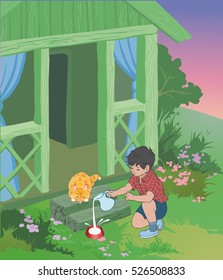 Boy is pouring milk for the cat