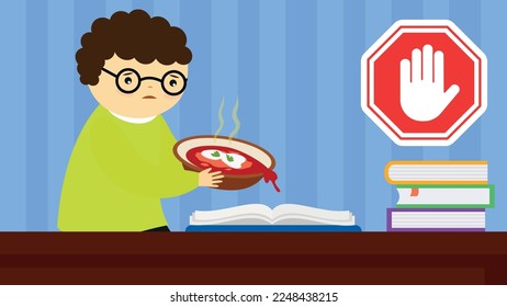 The boy pours borscht on the book, the sign is wrong