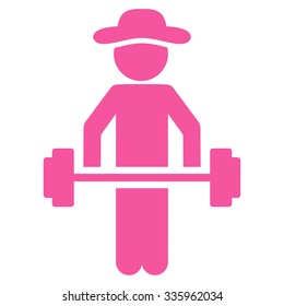 Boy Power Lifting vector icon. Style is flat symbol, pink color, rounded angles, white background.