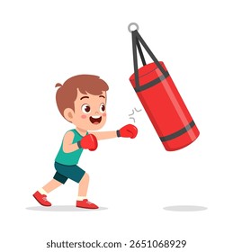 Menino praticando boxe com saco de perfuração vermelho em ilustração de desenho animado de fundo branco
