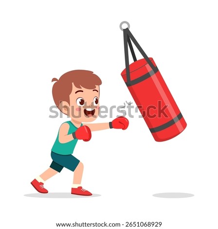 Boy practicing boxing with red punching bag in white background cartoon illustration