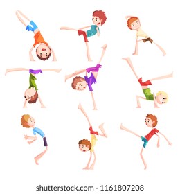 Boy practicing capoeira movements set, kid characters doing combat elements of martial art vector Illustrations on a white background