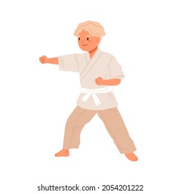 Boy practicing karate. Cute kid doing taekwondo exercises. Child training in kimono with white belt. Junior sports activity. Martial art. Isolated flat vector illustration of young athlete punching