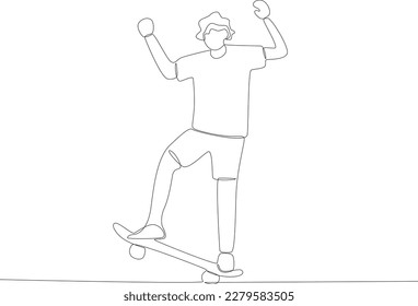 A boy practicing skateboarding. Skateboarding one-line drawing