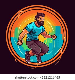 Boy practicing with skipping rope. Fitness coach. cartoon vector illustration, isolated background, label, sticker 