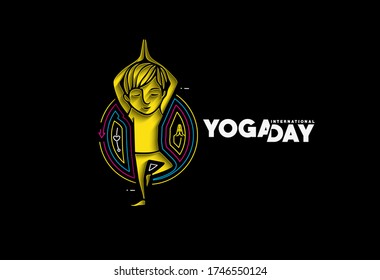 Boy practicing yoga pose, 21st june international yoga day, vector 