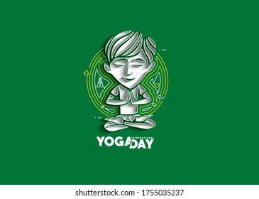 Boy practicing yoga pose, 21st june international yoga day, vector 
