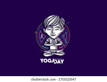 Boy practicing yoga pose, 21st june international yoga day, vector 
