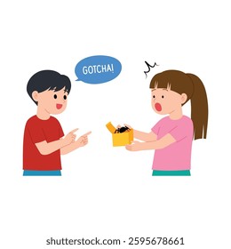 The boy pranked the girl by giving her a gift box with a fake spider inside  illustration