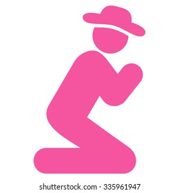 Boy Pray vector icon. Style is flat symbol, pink color, rounded angles, white background.