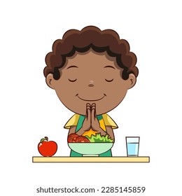 Boy praying before meal, child, giving thanks, eat salad