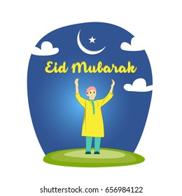 Boy Praying with blue sky and moon background. Islamic creative vector design for Eid Mubarak. Greeting card with arabic pattern and calligraphy. 