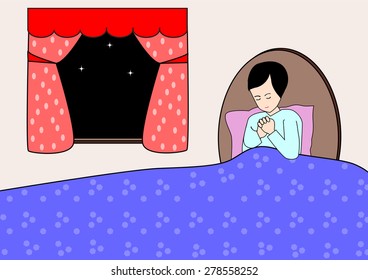 Boy praying to god at bedtime- vector illustration