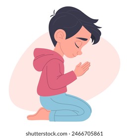 Boy praying on knees, hand-drawn, flat vector illustration, white background