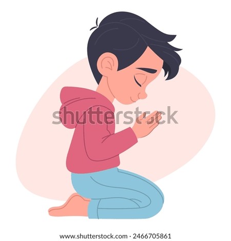 Boy praying on knees, hand-drawn, flat vector illustration, white background
