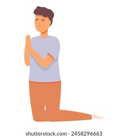 Boy praying on knees icon cartoon vector. Spiritual love. Gesture sign