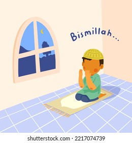 Boy Praying On A Prayer Mat At Night. Vector Faceless Character.