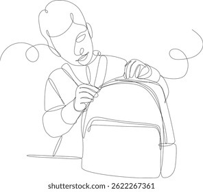 Boy prepares his bag for school. Continuous line vector illustration. Back to school concept