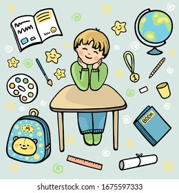 Boy is preparing for school vector illustration. School supplies and school subjects.