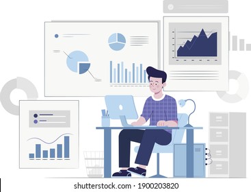 boy preparing work progress report on computer flat design illustration. work analysis, project development progress.  boy with the computer, statics, presentation, startup, pie chart, bar graph.