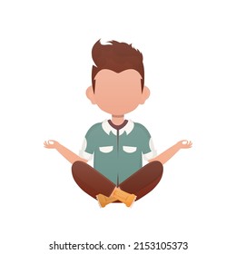 A boy of preschool age is engaged in the lotus position. Isolated. Cartoon style. Vector illustration